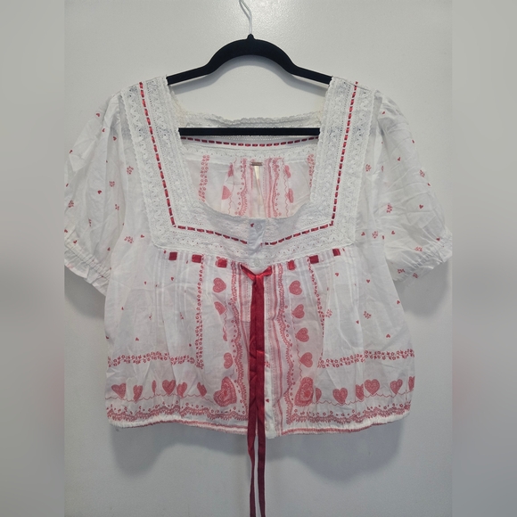 Free People White Blouse with Pink Heart Accents - Picture 4 of 9